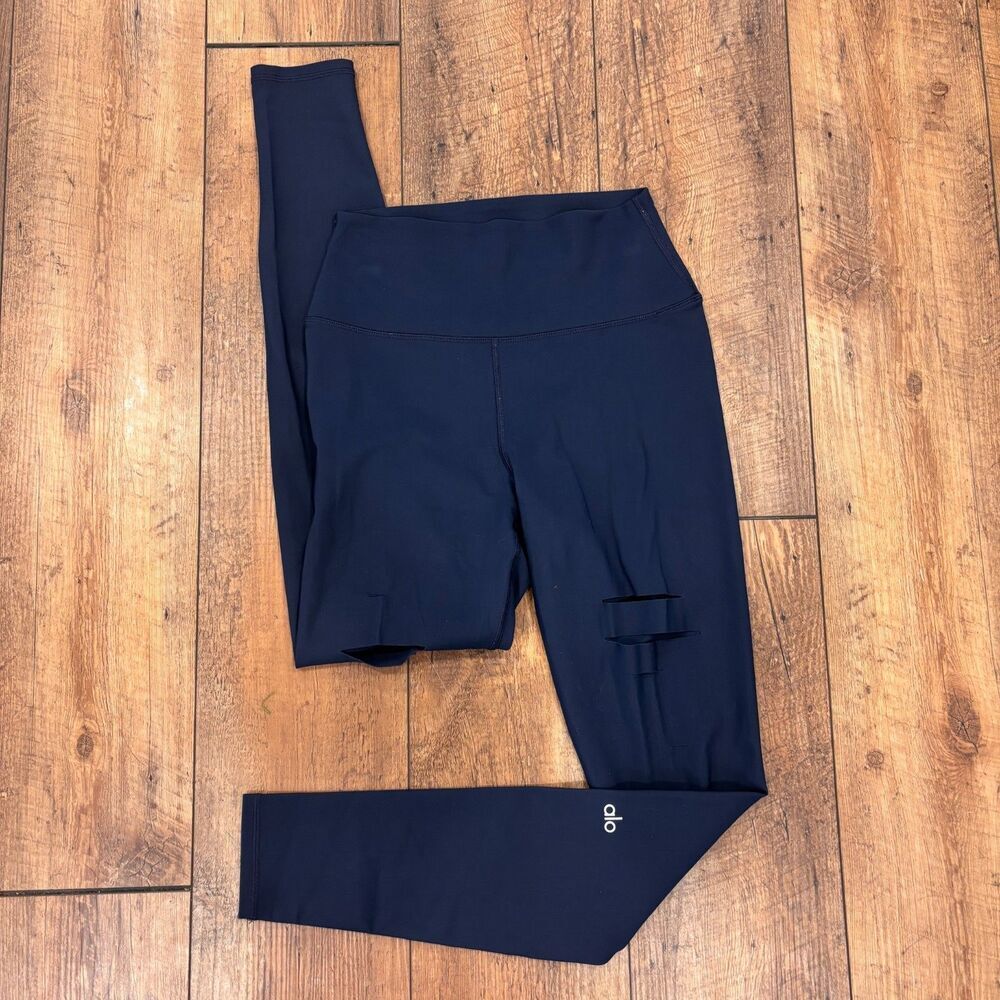 Alo Yoga Ripped Warrior Navy Blue Leggings Sz S High Waist Excellent Condition - Picture 2 of 7
